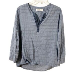 Faded Glory Striped Chambray Embroidered V-neck Long Sleeve Tunic Blouse Cuffs